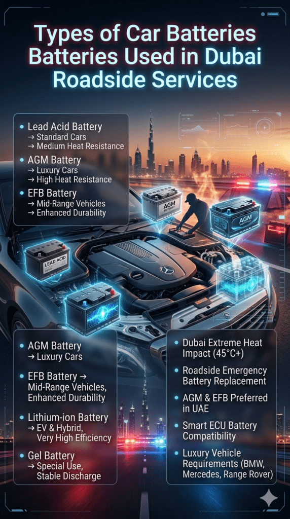 Infographic showing different types of car batteries used in Dubai roadside assistance services including AGM, EFB, lithium-ion, lead acid, and gel batteries with luxury car engine visualization.