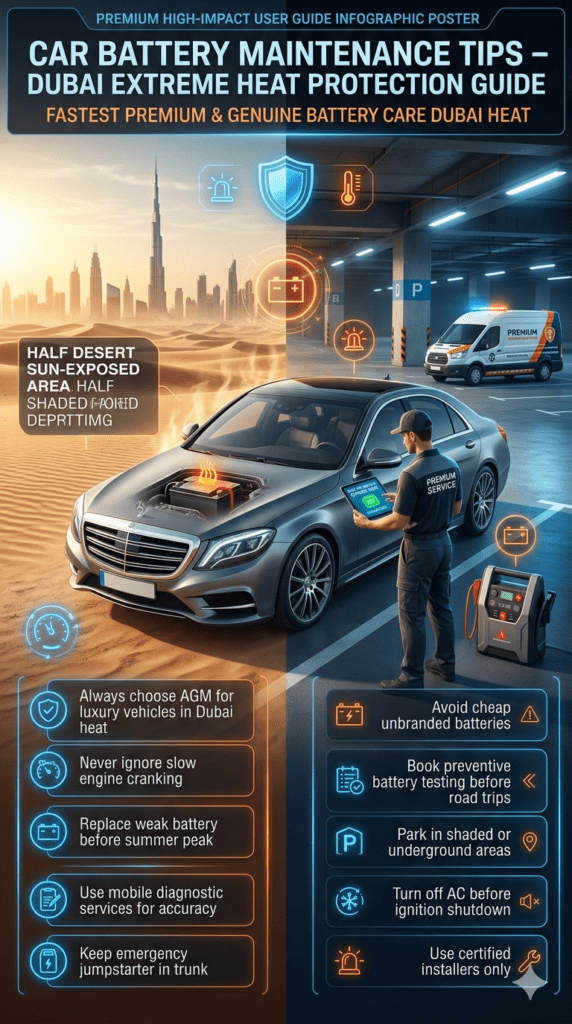 Luxury Dubai car battery care infographic showing maintenance tips for extreme heat conditions with AGM battery advice, diagnostic services, and emergency jump starter guidance.