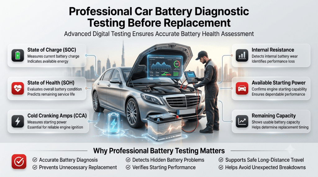 Professional Car Battery Diagnostic Testing Before Replacement Luxury automotive infographic showing professional digital car battery diagnostic testing, including State of Charge (SOC), State of Health (SOH), Cold Cranking Amps (CCA), Internal Resistance, Available Starting Power, and Remaining Capacity.