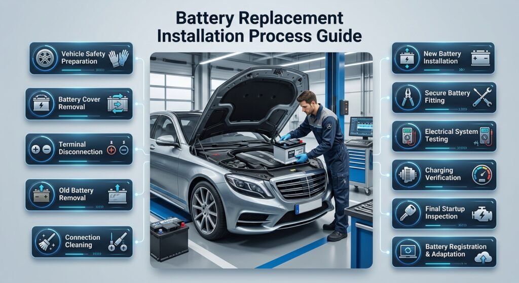 Premium automotive battery replacement installation process infographic showing technician, car battery, and step-by-step service guide.