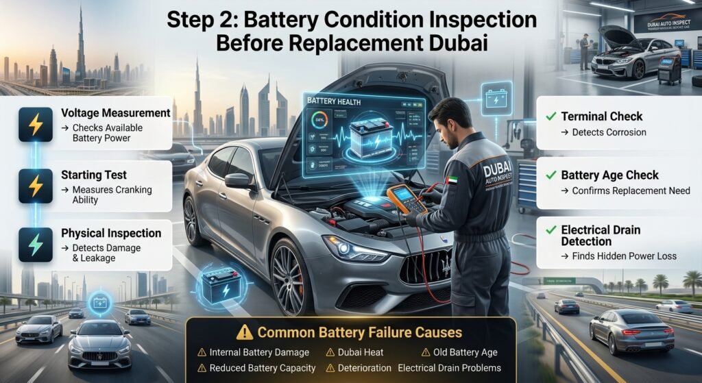 Battery condition inspection Dubai infographic showing voltage testing, starting test, physical inspection, terminal check, battery age check, and failure causes.