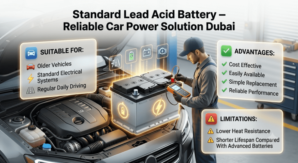 Standard Lead Acid Battery Dubai โ Reliable and Affordable Car Battery Guide Standard lead acid car battery Dubai guide showing traditional vehicle battery benefits, suitable uses, advantages, and limitations