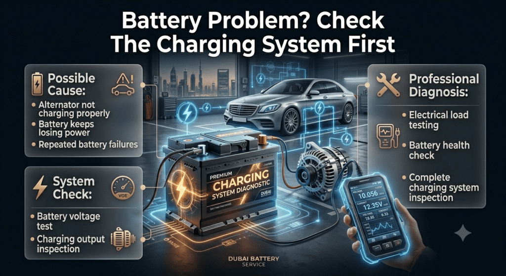 Car battery diagnostic guide showing alternator problems, charging system testing, battery voltage check, and electrical inspection.