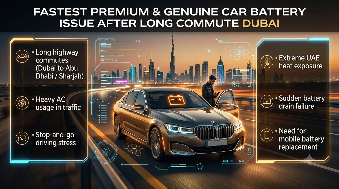 Premium infographic showing car battery failure issues in Dubai after long commutes, highlighting heat impact, traffic stress, AC load, and emergency mobile battery replacement service.