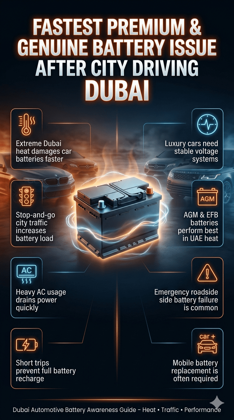 Premium automotive infographic showing Fastest Premium & Genuine Battery issue after city driving in Dubai with central AGM battery, luxury cars background, and heat-related battery failure points on both sides.