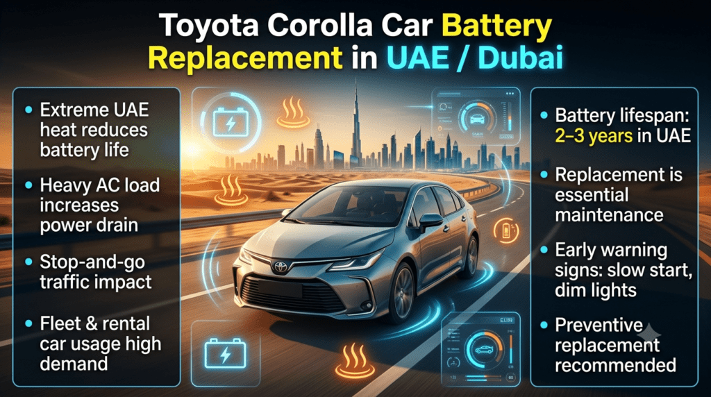 Toyota Corolla Car Battery Replacement in UAE Dubai infographic showing battery lifespan, heat impact, replacement process, and key maintenance tips with Dubai city background and car illustration.