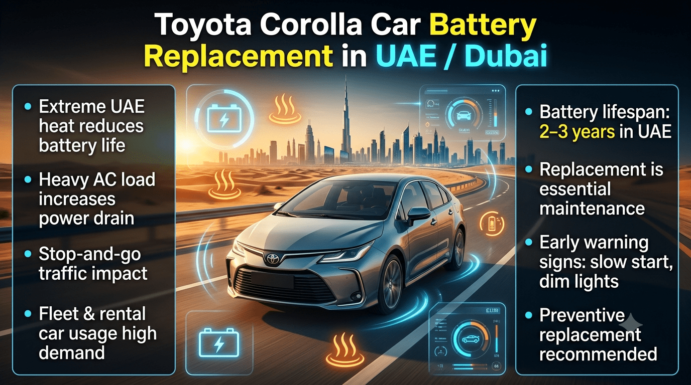 Toyota Corolla Car Battery Replacement in UAE Dubai infographic showing battery lifespan, heat impact, replacement process, and key maintenance tips with Dubai city background and car illustration.