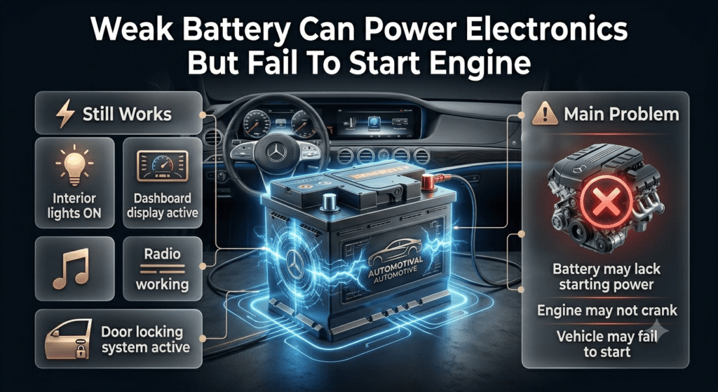 Weak car battery warning signs showing lights, dashboard, radio, door lock working but engine unable to start.