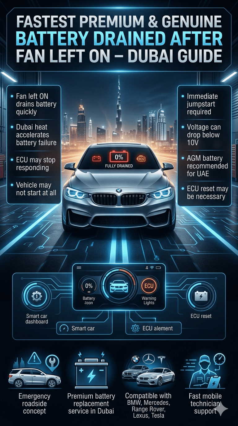 Luxury automotive infographic showing a drained car battery in Dubai caused by fan left on, featuring a premium vehicle dashboard with 0% battery, emergency warning lights, and service guidance panels in a futuristic UI design.