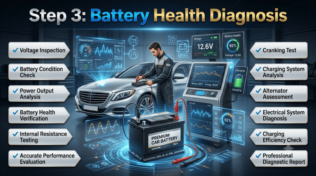 Battery health diagnosis infographic showing a professional technician performing voltage inspection, cranking tests, charging system analysis, and alternator assessment using advanced automotive diagnostic equipment.