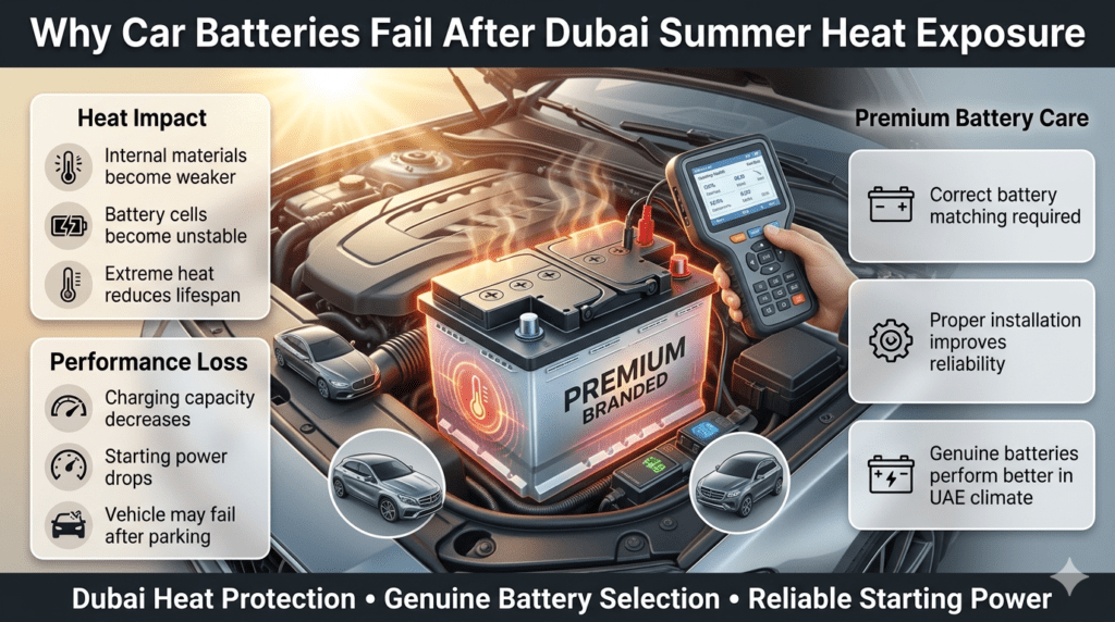 Dubai summer heat damaging car battery performance showing weaker battery materials, reduced charging capacity, and premium battery replacement guidance.