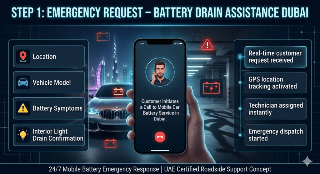 Step 1 Emergency Request – Mobile Battery Service Process Dubai Infographic showing Step 1 emergency request process for car battery drain in Dubai where customer shares location, vehicle model, symptoms, and interior light left on issue.