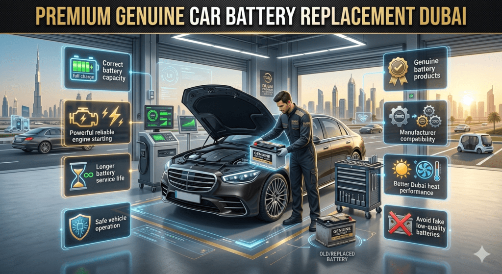 Professional technician installing genuine premium car battery in Dubai vehicle with reliable starting power and long service life
