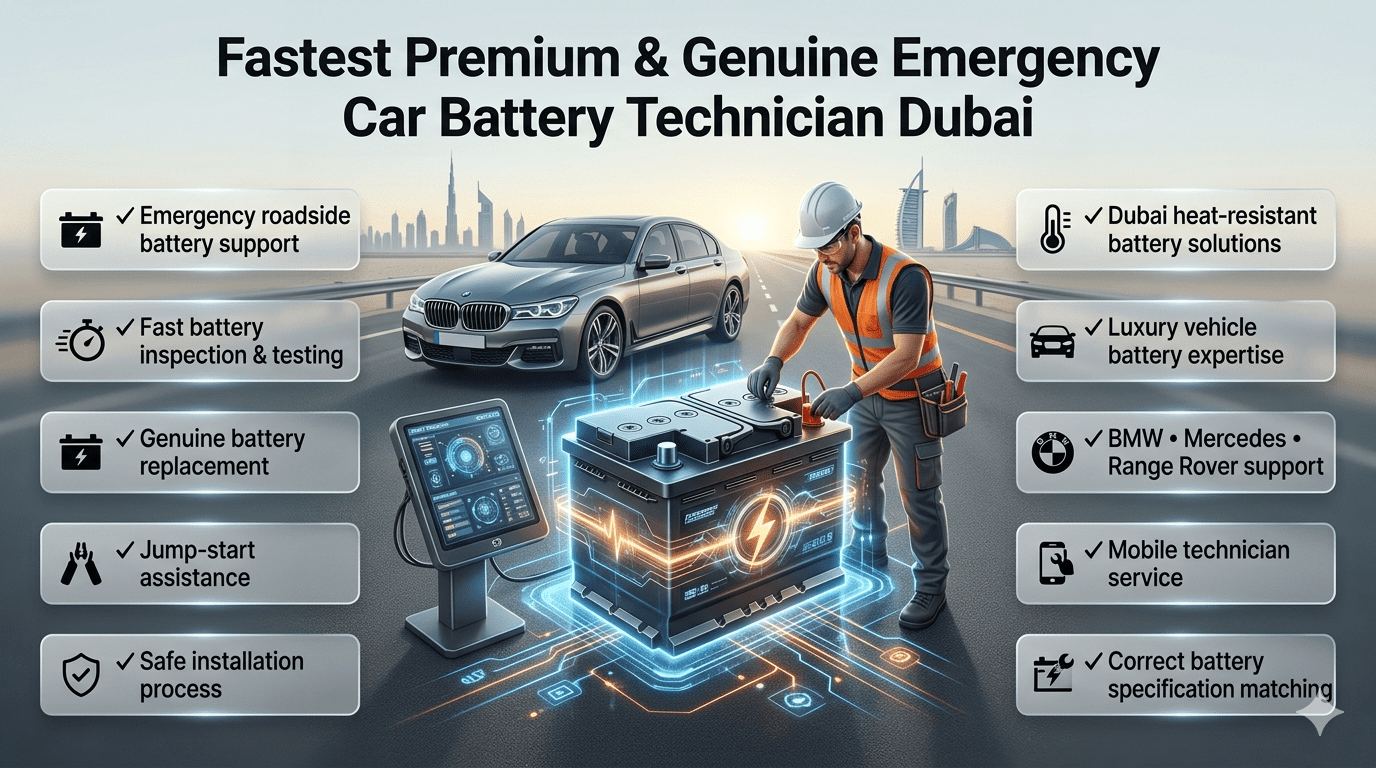 Fastest premium emergency car battery technician Dubai providing roadside battery replacement, inspection, and jump-start service for luxury vehicles in UAE.