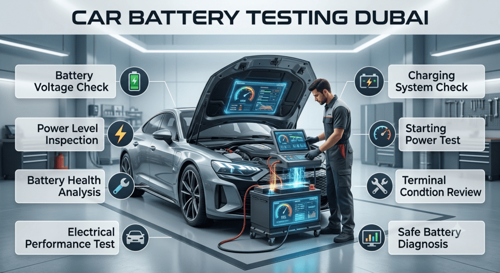 Car Battery Testing Dubai showing battery voltage inspection, charging system check, starting power test, and terminal condition analysis.