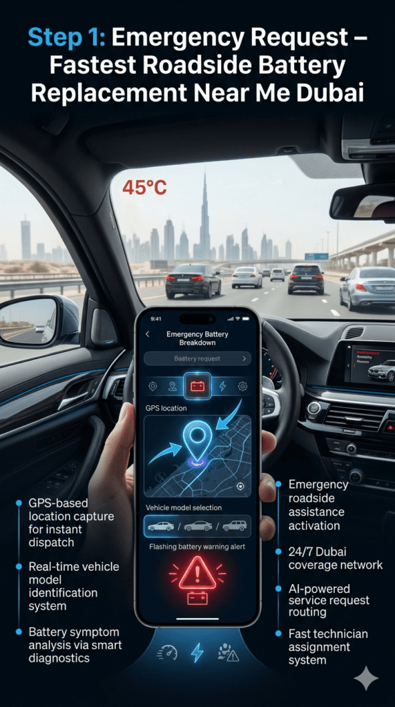 Luxury car dashboard showing emergency roadside battery replacement request in Dubai with GPS tracking, vehicle selection, and battery warning system interface