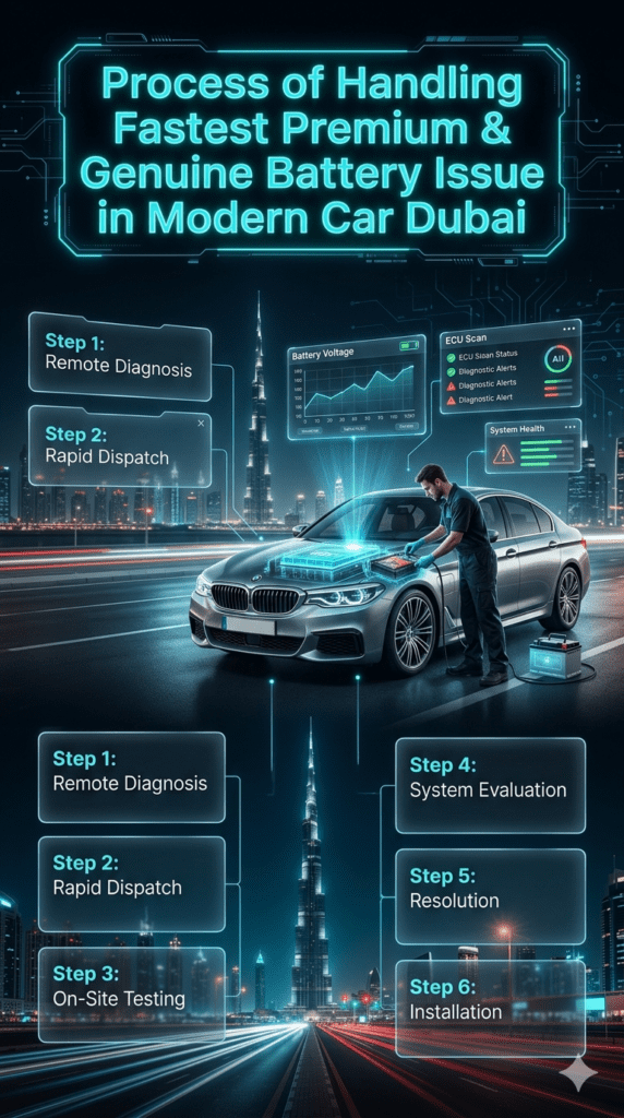 Process of Handling Fastest Premium & Genuine Battery Issue in Modern Car Dubai – Step-by-Step Guide Step-by-step automotive infographic showing process of handling Fastest Premium & Genuine Battery issue in modern car Dubai including remote diagnosis, rapid dispatch, testing, evaluation, resolution, and installation in luxury vehicles.