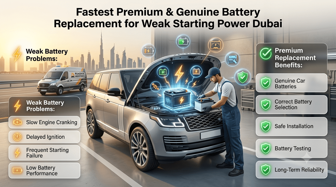 Fastest Premium and Genuine Battery Replacement for Weak Starting Power Dubai with professional car battery installation service, roadside assistance, and battery testing