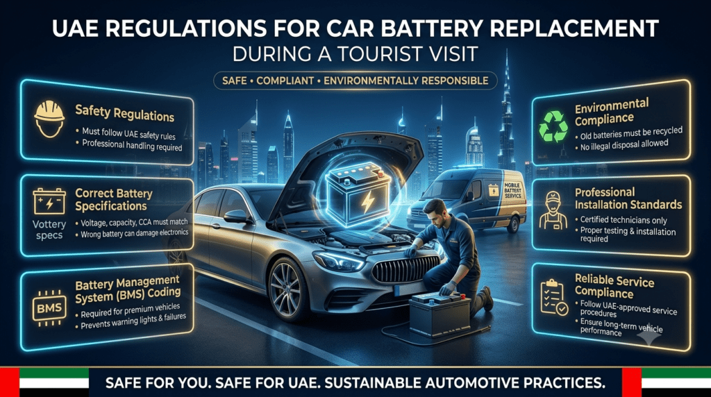 Infographic showing UAE regulations for car battery replacement during tourist visits, highlighting safety rules, correct battery specifications, BMS coding requirements, environmental recycling compliance, and professional installation standards with a modern Dubai automotive service background.