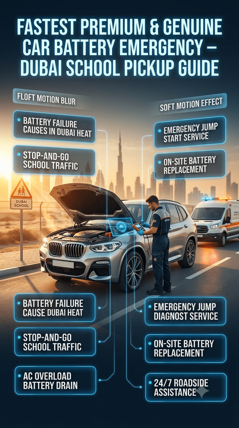 Luxury Dubai roadside emergency scene showing car battery failure during school pickup with mechanic performing diagnostic test, infographic style guide with causes, solutions, and emergency battery replacement services.