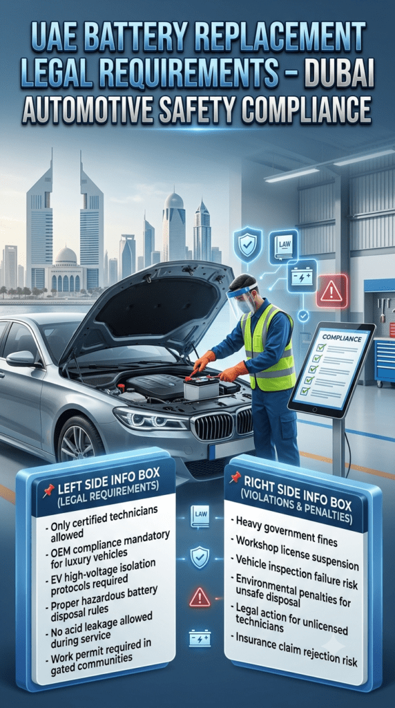 Professional automotive compliance infographic showing UAE battery replacement legal requirements in Dubai with certified technician, safety rules, and violation penalties displayed in structured panels.
