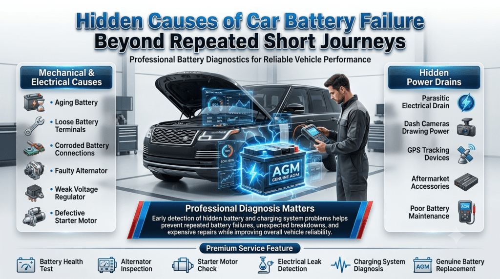 Hidden Causes of Car Battery Failure Beyond Repeated Short Journeys | User Guide Premium automotive diagnostic infographic showing hidden causes of car battery failure, including aging batteries, faulty alternators, electrical drains, loose terminals, and poor battery maintenance.