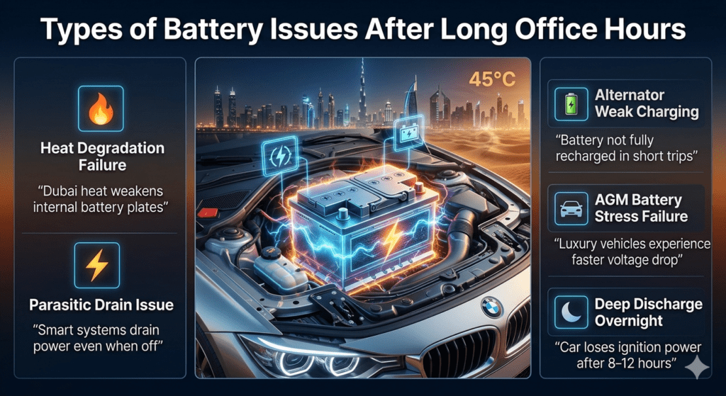Infographic showing types of car battery issues after long office hours in Dubai, including heat degradation, parasitic drain, alternator failure, AGM stress, and deep discharge problems in luxury vehicles.