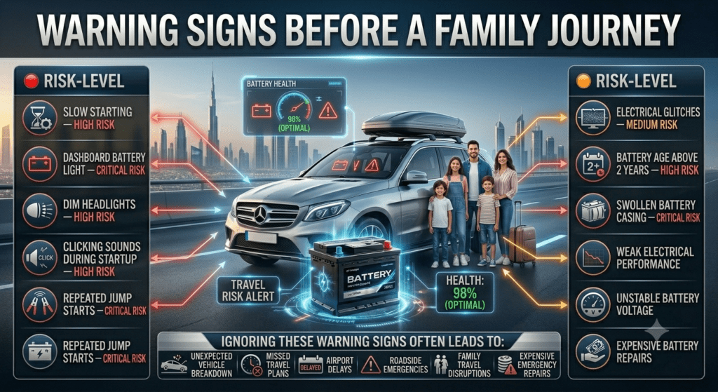 Premium automotive user guide infographic showing critical battery warning signs before a family journey, including slow starting, battery warning light, dim headlights, electrical glitches, clicking sounds, repeated jump starts, aging battery, and swollen battery casing.