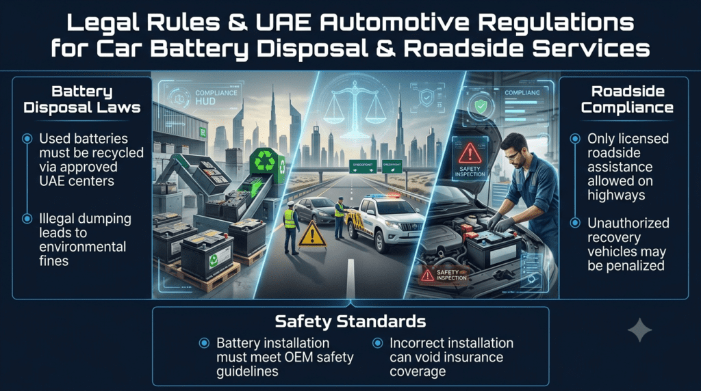 Legal Rules & UAE Automotive Regulations for Car Battery Disposal & Roadside Services Premium infographic showing UAE automotive legal regulations for car battery disposal, roadside service compliance, and installation safety standards with warning and compliance visuals.