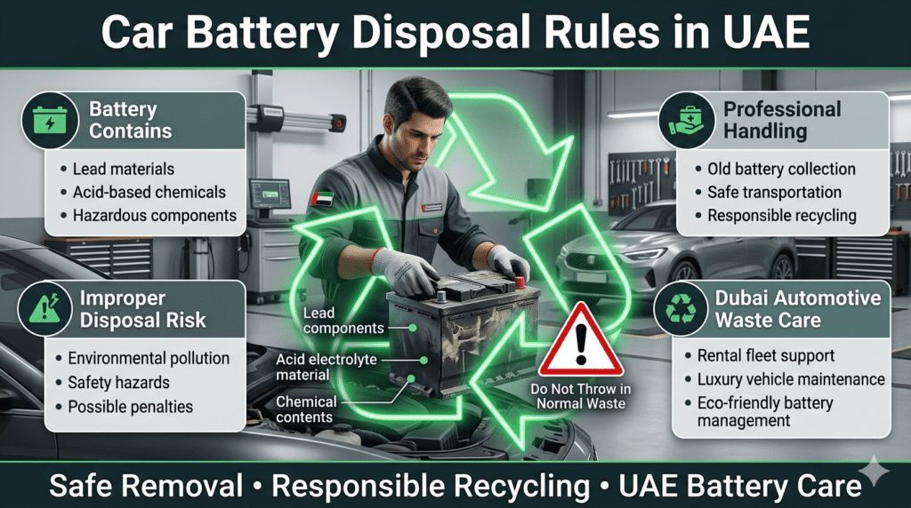 UAE car battery disposal rules showing safe battery removal, recycling process, and responsible handling of lead and chemical materials.