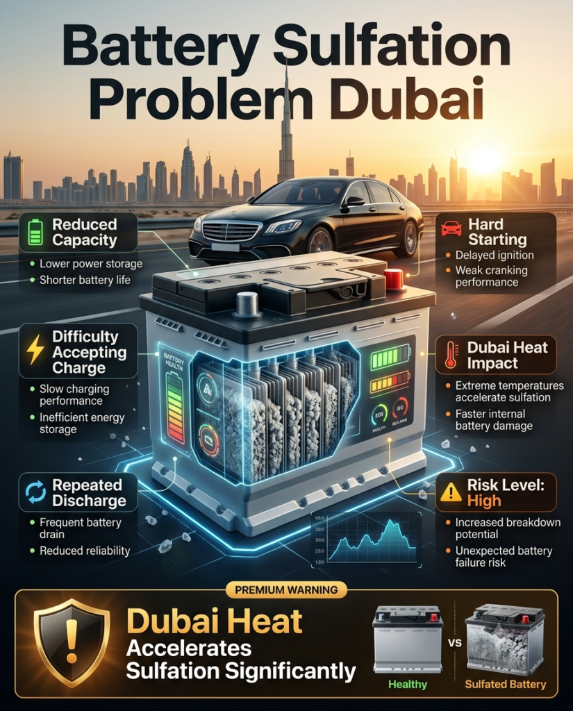 Premium automotive infographic showing a sulfated car battery with crystal buildup on internal battery plates. The title "Battery Sulfation Problem Dubai" appears prominently at the top. Animated callout panels highlight reduced capacity, difficulty accepting charge, repeated discharge, hard starting, and high-risk battery failure. Dubai heat effects, futuristic diagnostics, and luxury automotive visuals surround the central battery.