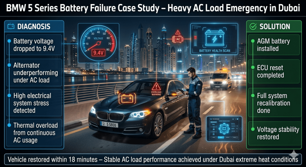 Luxury BMW 5 Series roadside battery failure in Dubai Marina showing diagnostic scan, voltage drop, and repair process after heavy AC usage.