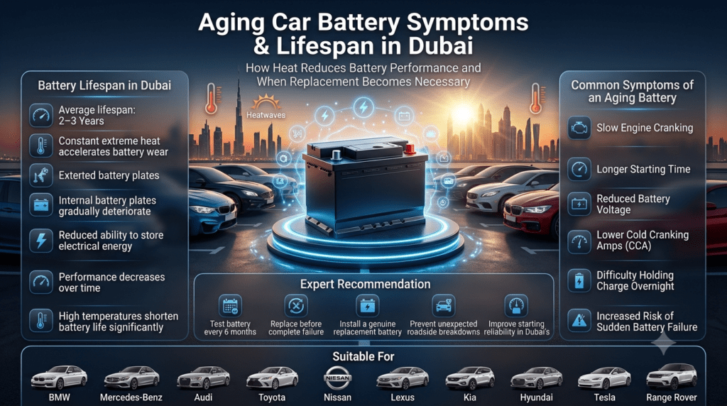 Aging car battery symptoms in Dubai showing battery lifespan, heat damage effects, warning signs, and replacement recommendations in a premium automotive infographic.
