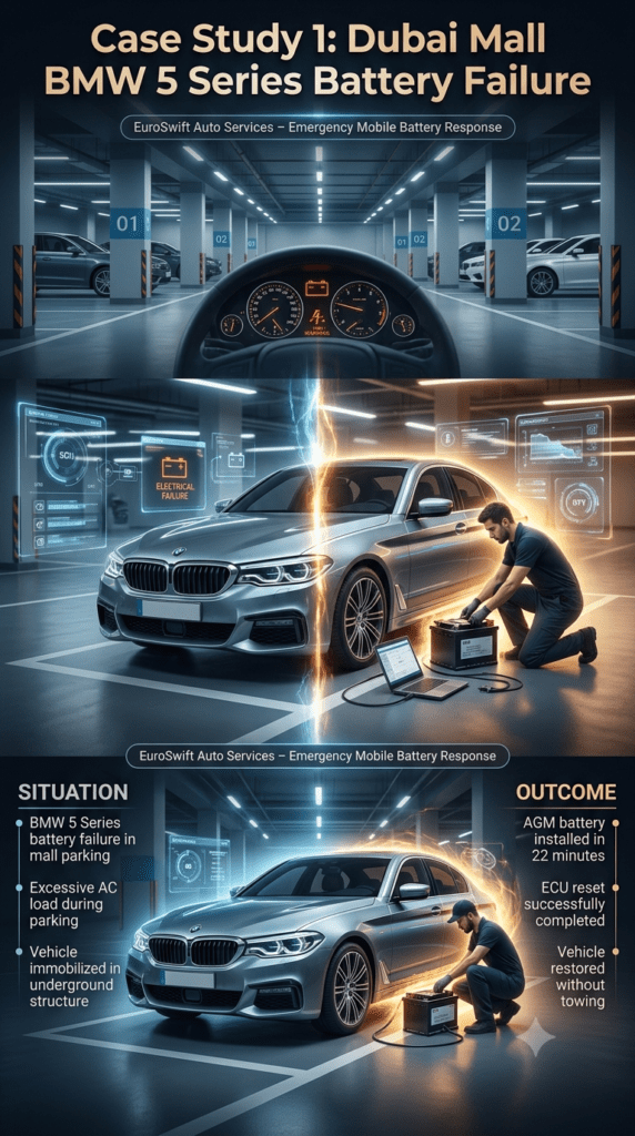 Infographic showing BMW 5 Series battery failure in Dubai Mall parking with mobile technician replacing AGM battery and restoring vehicle without towing.