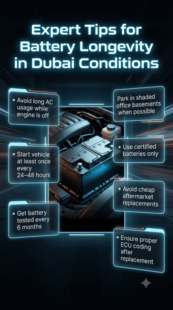 Premium automotive infographic showing expert tips for car battery longevity in Dubai conditions with a central luxury car battery image and floating maintenance tips on both sides.