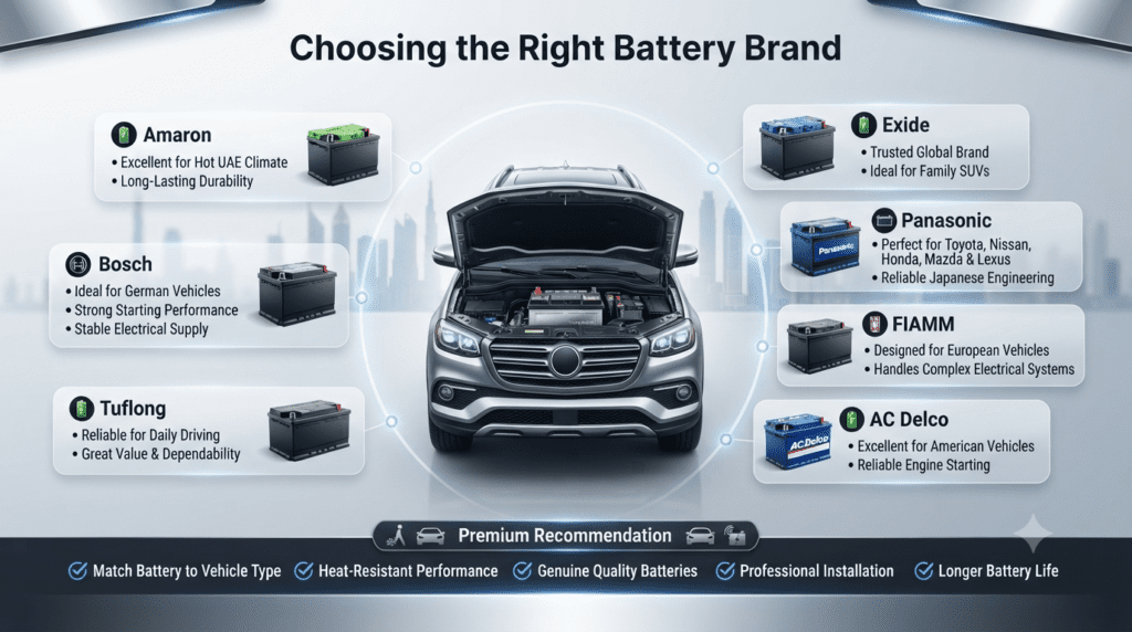 Choosing the Right Battery Brand Premium automotive infographic comparing Amaron, Bosch, Tuflong, Exide, Panasonic, FIAMM, and AC Delco car batteries for different vehicle types and driving needs in hot climates.