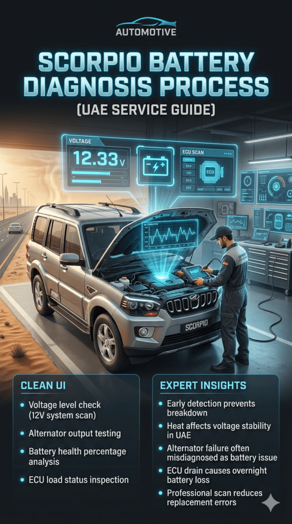 Infographic showing Mahindra Scorpio battery diagnosis process in UAE including voltage check, alternator testing, battery health scan, and ECU load analysis.