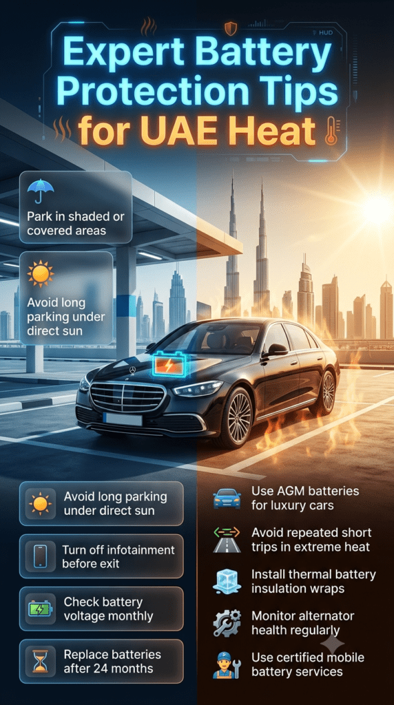 Infographic showing expert car battery protection tips for Dubai heat including parking shade, AGM battery usage, voltage checks, and maintenance advice.