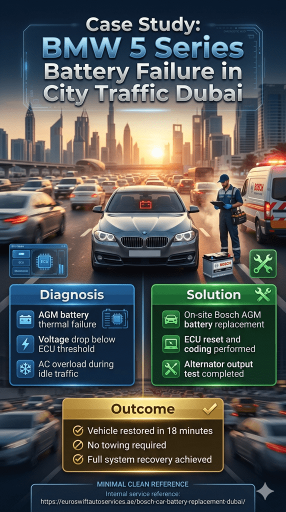 BMW 5 Series battery failure case study infographic in Dubai city traffic showing diagnosis, Bosch AGM replacement solution, ECU reset, and successful vehicle recovery in 18 minutes.