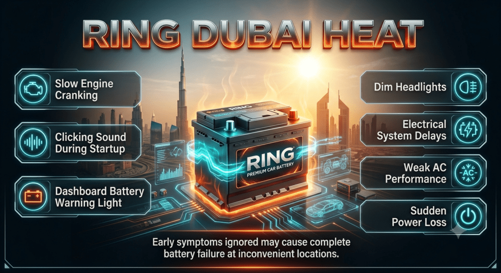 RING Dubai Heat car battery guide showing early warning signs of extreme temperature battery failure including slow cranking, warning light, dim headlights, weak AC, and power loss.