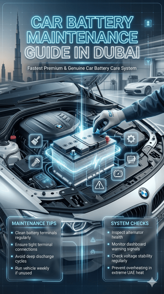 Infographic showing car battery maintenance guide in Dubai including cleaning terminals, checking alternator, and battery care tips for UAE vehicles.