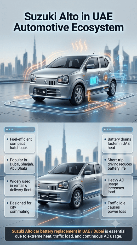 Suzuki Alto car in UAE showing battery performance and heat impact infographic with automotive ecosystem guide and replacement importance.
