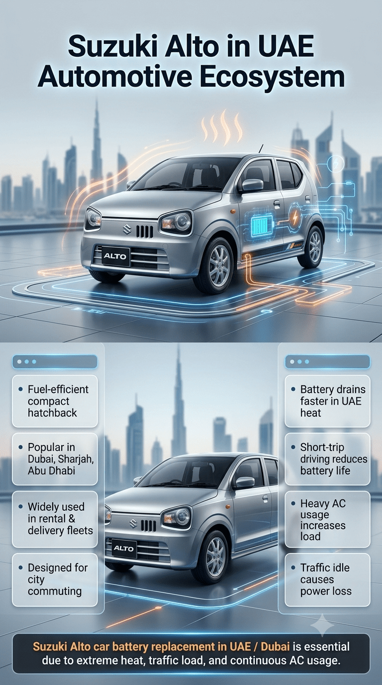 Suzuki Alto car in UAE showing battery performance and heat impact infographic with automotive ecosystem guide and replacement importance.