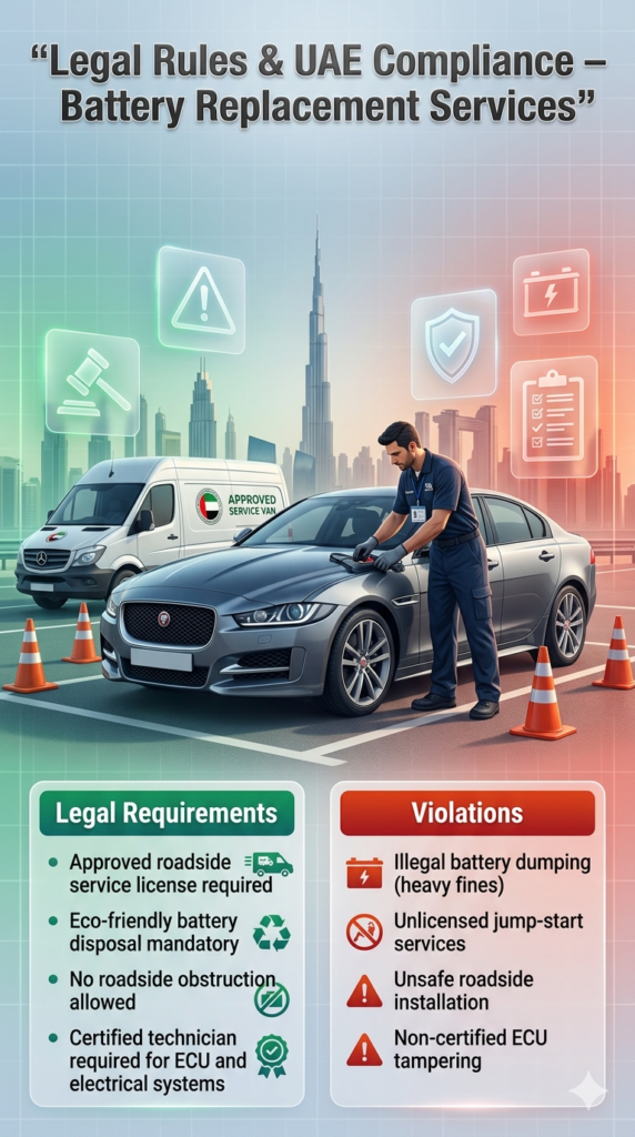 Infographic showing UAE legal rules and compliance for Jaguar XE car battery replacement services, including licensed technicians, eco-friendly disposal, and violations such as illegal dumping and unsafe installation practices.
