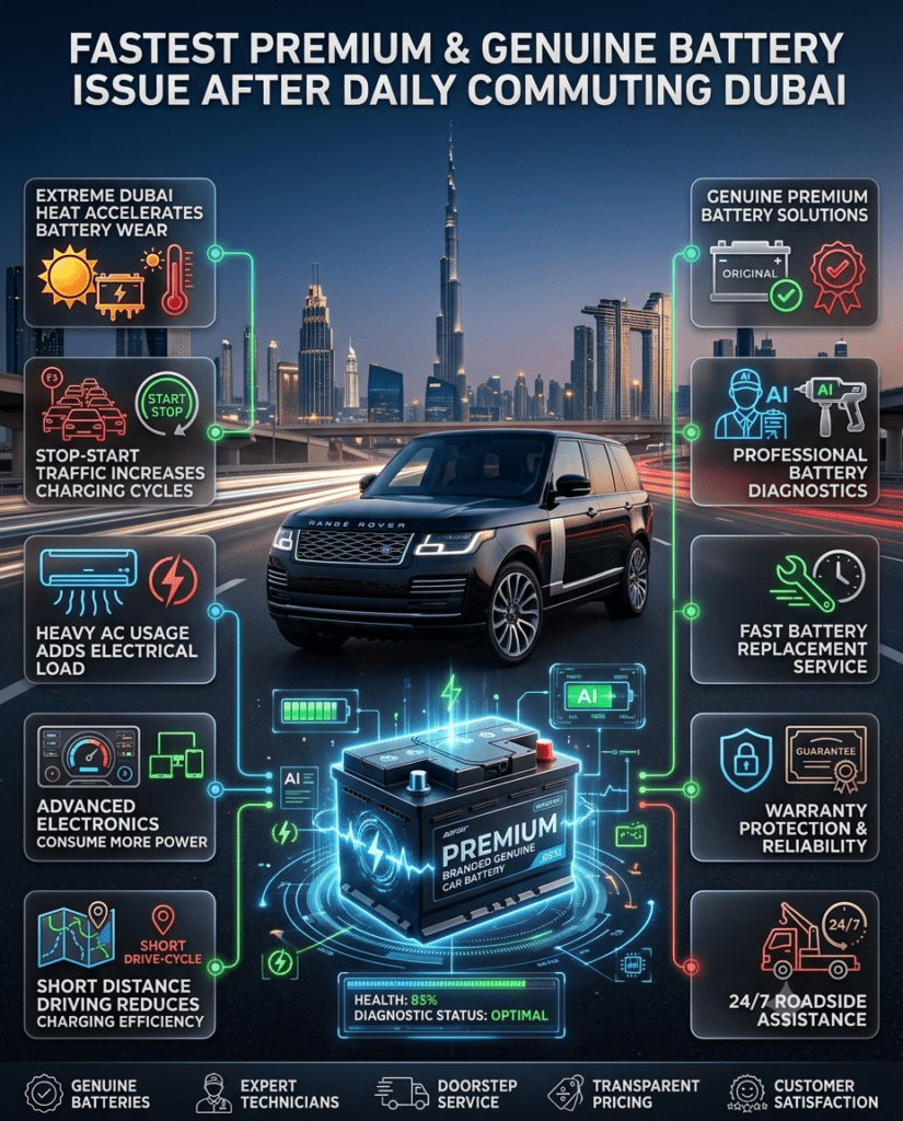 Fastest Premium & Genuine Battery Issue After Daily Commuting Dubai infographic showing battery wear causes, premium battery solutions, luxury vehicle, Dubai skyline, and professional battery replacement services.