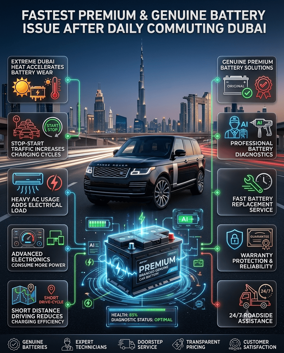 Fastest Premium & Genuine Battery Issue After Daily Commuting Dubai infographic showing battery wear causes, premium battery solutions, luxury vehicle, Dubai skyline, and professional battery replacement services.