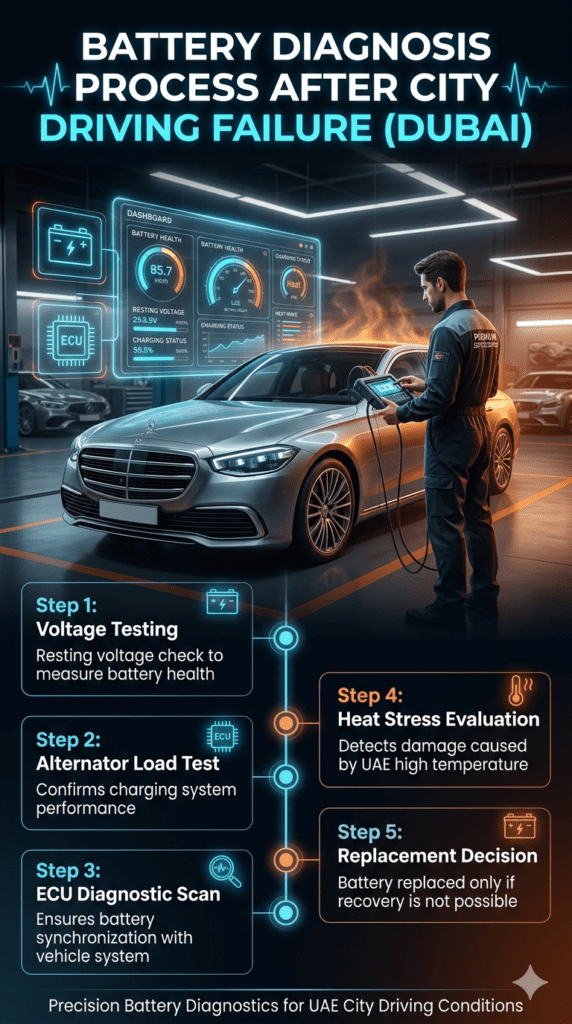 Battery Diagnosis Process After City Driving Failure in Dubai – Step-by-Step Expert Workflow Premium automotive infographic showing step-by-step battery diagnostic workflow after city driving failure in Dubai, including voltage testing, alternator load test, ECU scan, heat evaluation, and replacement decision.