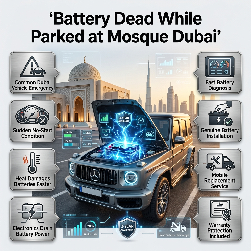 Battery dead while parked at mosque Dubai infographic featuring a luxury vehicle, battery diagnostics, roadside assistance, and mobile battery replacement service.