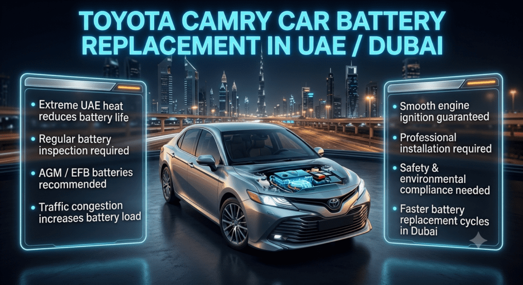 Toyota Camry car battery replacement infographic showing a premium vehicle with open hood battery system, surrounded by UAE Dubai skyline and informational panels about heat impact, maintenance, and battery replacement guidelines.