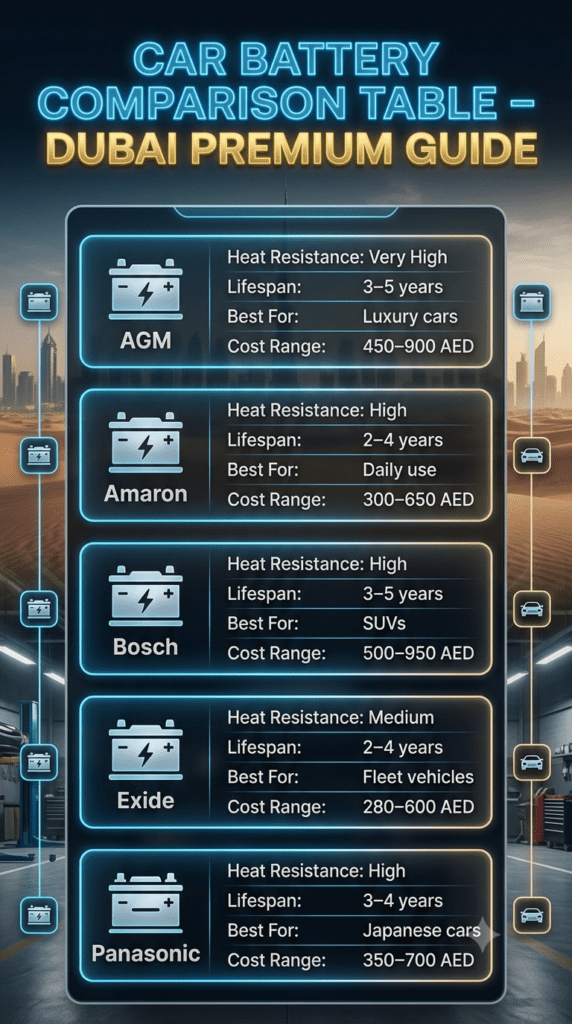 Automotive battery comparison table infographic showing AGM, Amaron, Bosch, Exide, and Panasonic battery types with lifespan, heat resistance, and pricing in AED for Dubai.
